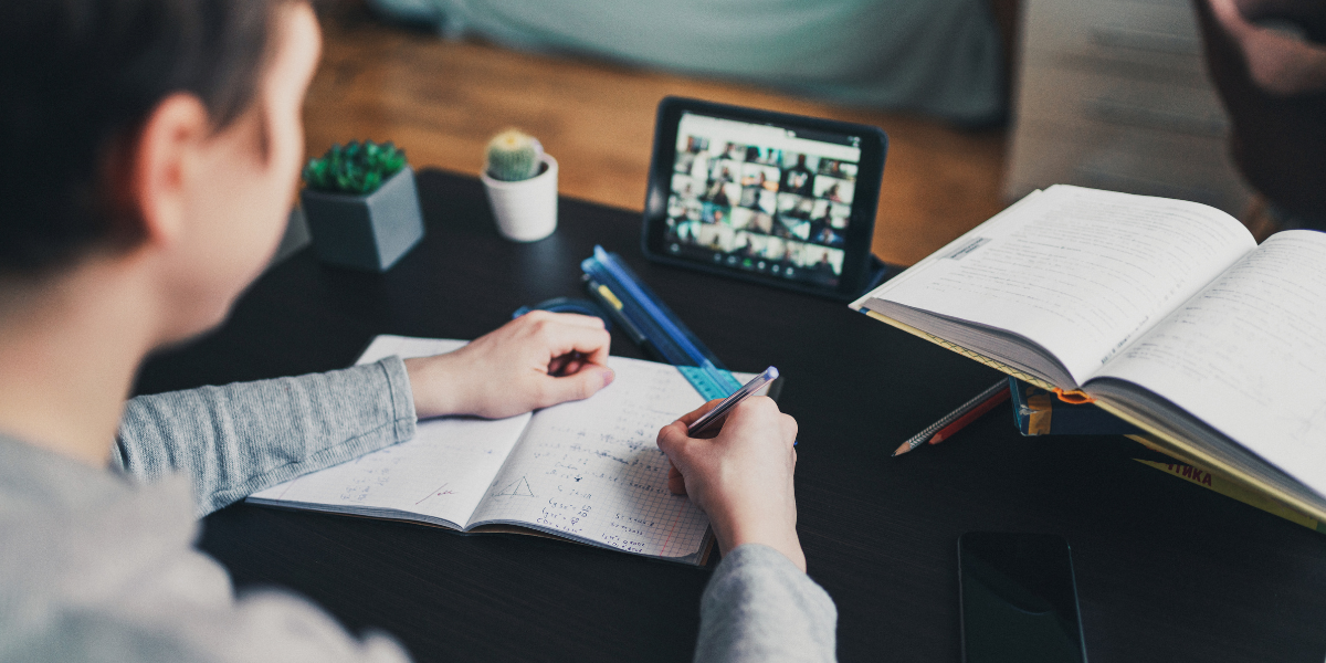 A student at a well-organised desk with flashcards, a notebook and a revision timetable, studying purposefully